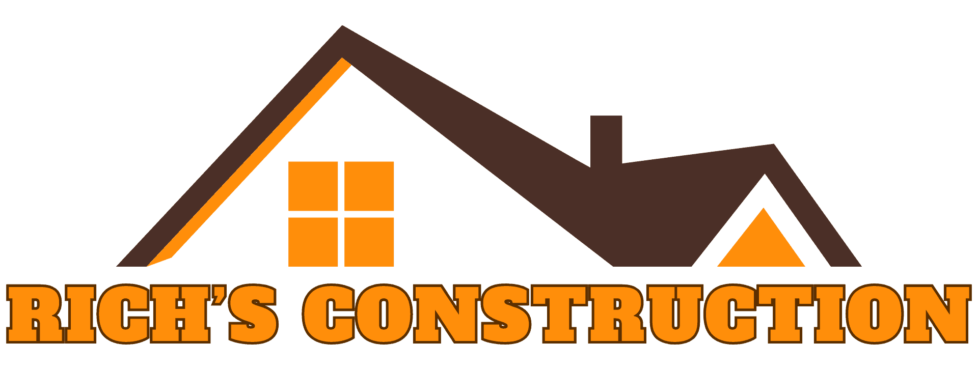 An illustration of a house roof with two triangular peaks in dark brown, featuring a yellow window on the left and a chimney on the right. Below the roof design, bold yellow capital letters outlined in orange spell out "RICH'S CONSTRUCTION," your trusted General Contractor in Suffolk County.
