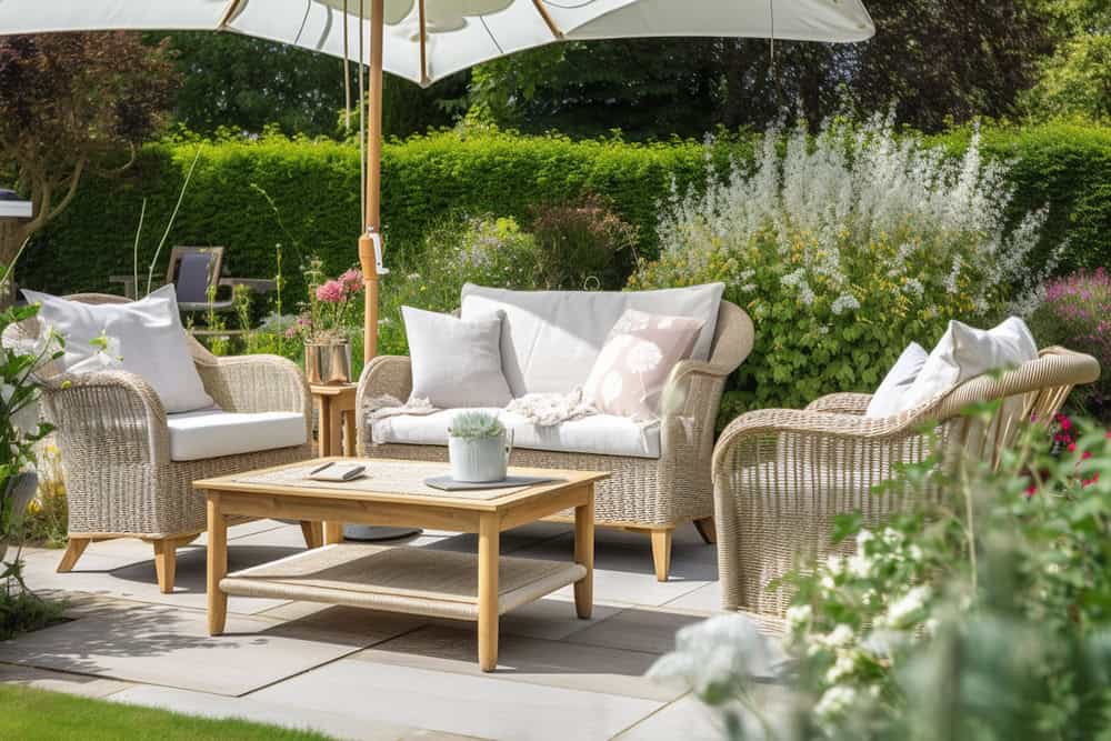 A cozy outdoor patio setup featuring a wicker furniture set with white cushions. The setting includes a loveseat, two armchairs, and a wooden coffee table. The area, often serviced by our general contractor from Suffolk County, is shaded by a large patio umbrella and surrounded by lush greenery and colorful flowers.