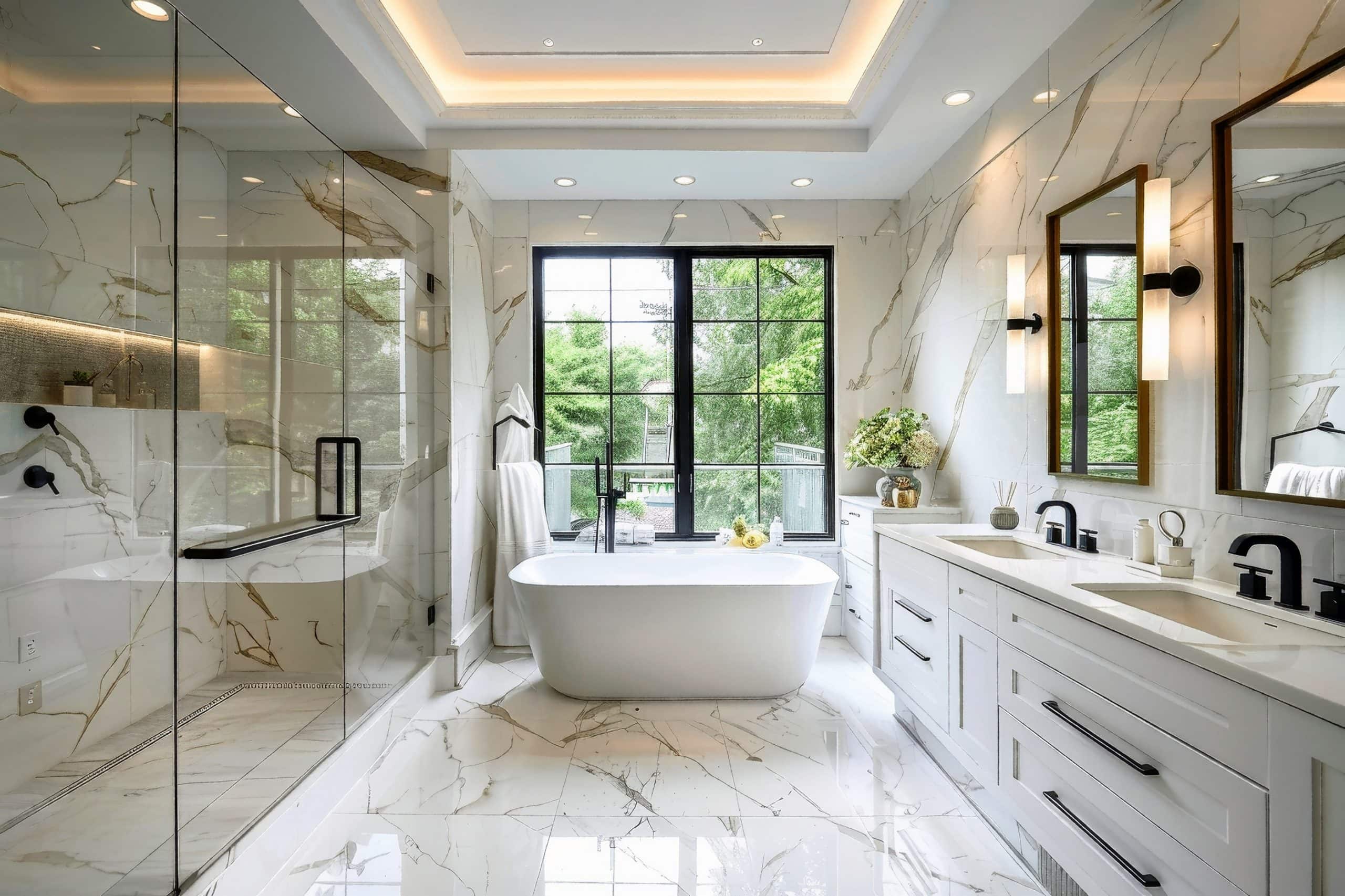 Luxurious bathroom with marble floors and walls, freestanding bathtub near large windows, walk-in shower with glass doors, double vanity with two mirrors, and recessed ceiling lights. A blurred view of greenery outside the windows adds to the serene ambiance.