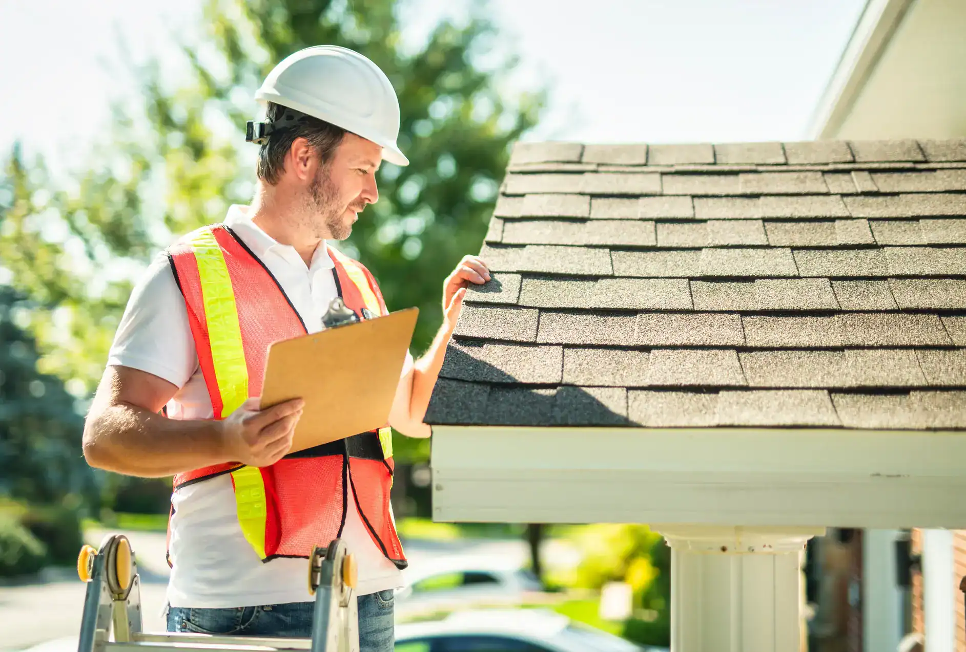 A man wearing a white hard hat and safety vest stands on a ladder, inspecting roof shingles and holding a clipboard, with trees and a house in the background.