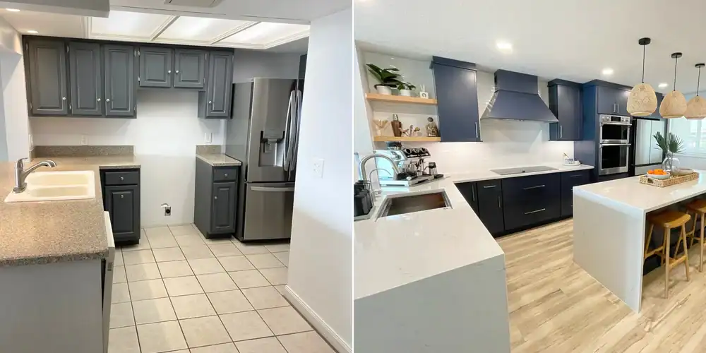 Side-by-side kitchen transformation: the left shows a small, dark space; the right, remodeled by a general contractor in Suffolk County, NY, features navy cabinets, an island, open shelves, and wood flooring.